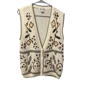 Kimberly Hope Vintage 90s Ramie Knit Embroidered Floral Sweater Vest Womens M